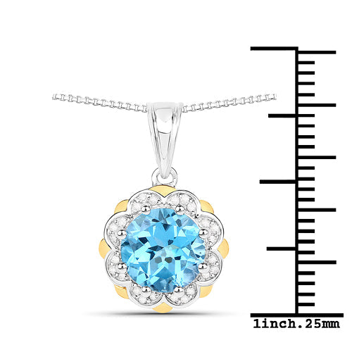 2.32 Carat Genuine Swiss Blue Topaz and White Diamond 14K Yellow Gold with .925 Sterling Silver Pendant by Bids.com