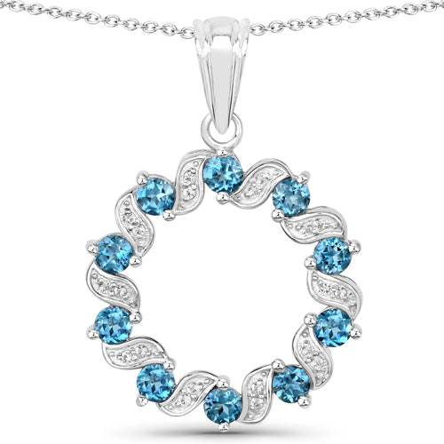 1.50 Carat Genuine London Blue Topaz and White Topaz .925 Sterling Silver Pendant  DestGlow