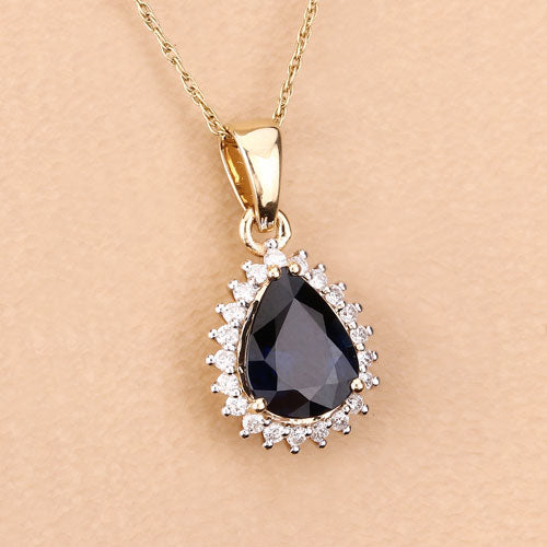 2.09 Carat Genuine Blue Sapphire and White Diamond 14K Yellow Gold Pendant by Bids.com