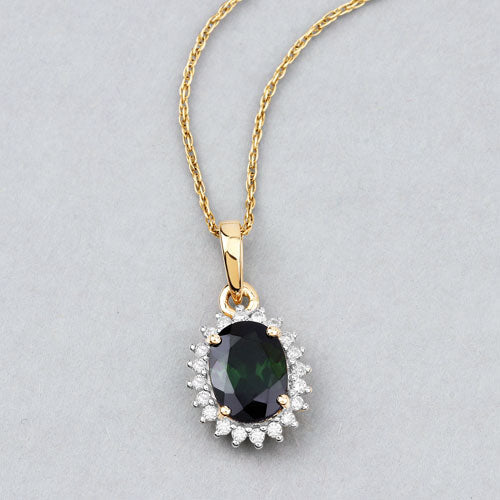 1.39 Carat Genuine Green Tourmaline and White Diamond 14K Yellow Gold Pendant  DestGlow