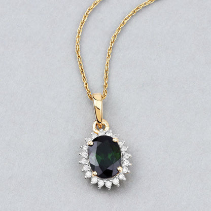 1.39 Carat Genuine Green Tourmaline and White Diamond 14K Yellow Gold Pendant  DestGlow