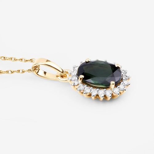 1.39 Carat Genuine Green Tourmaline and White Diamond 14K Yellow Gold Pendant  DestGlow