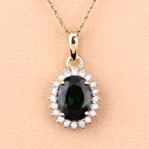1.39 Carat Genuine Green Tourmaline and White Diamond 14K Yellow Gold Pendant  DestGlow