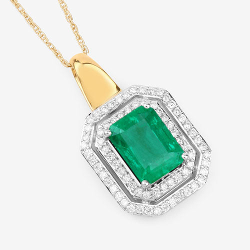 IGI Certified 2.37 Carat Genuine Zambian Emerald and White Diamond 14K Yellow &amp; White Gold Pendant