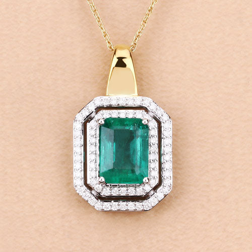 IGI Certified 2.37 Carat Genuine Zambian Emerald and White Diamond 14K Yellow &amp; White Gold Pendant