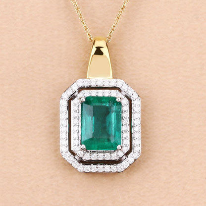 IGI Certified 2.37 Carat Genuine Zambian Emerald and White Diamond 14K Yellow &amp; White Gold Pendant