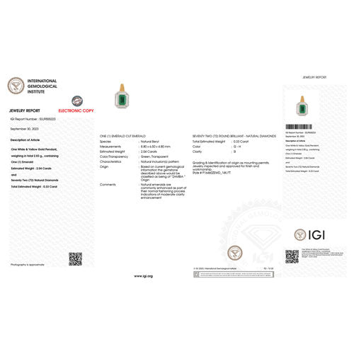 IGI Certified 2.37 Carat Genuine Zambian Emerald and White Diamond 14K Yellow &amp; White Gold Pendant