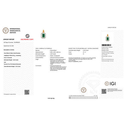 IGI Certified 2.37 Carat Genuine Zambian Emerald and White Diamond 14K Yellow &amp; White Gold Pendant