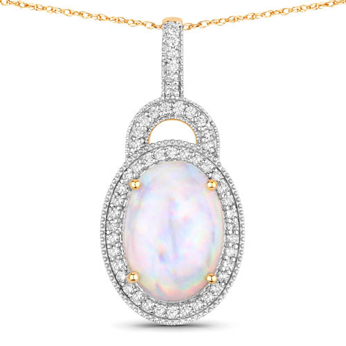 3.30 Carat Genuine Ethiopian Opal and White Diamond 14K Yellow Gold Pendant by Bids.com
