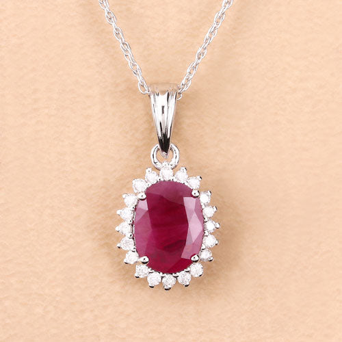 1.60 Carat Genuine Ruby and White Diamond 10K White Gold Pendant  DestGlow