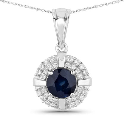 1.71 Carat Genuine Blue Sapphire and White Diamond 10K White Gold Pendant  DestGlow
