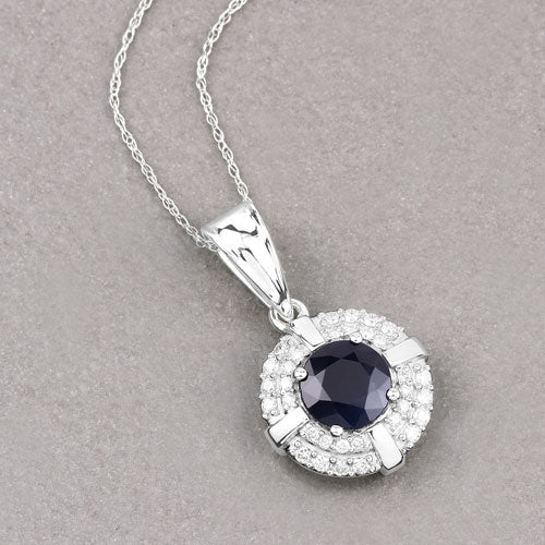 1.71 Carat Genuine Blue Sapphire and White Diamond 10K White Gold Pendant  DestGlow