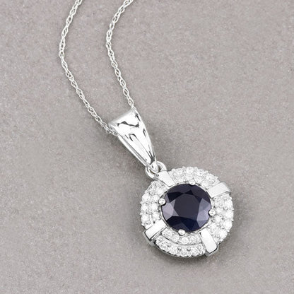1.71 Carat Genuine Blue Sapphire and White Diamond 10K White Gold Pendant  DestGlow
