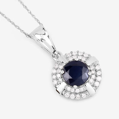 1.71 Carat Genuine Blue Sapphire and White Diamond 10K White Gold Pendant  DestGlow