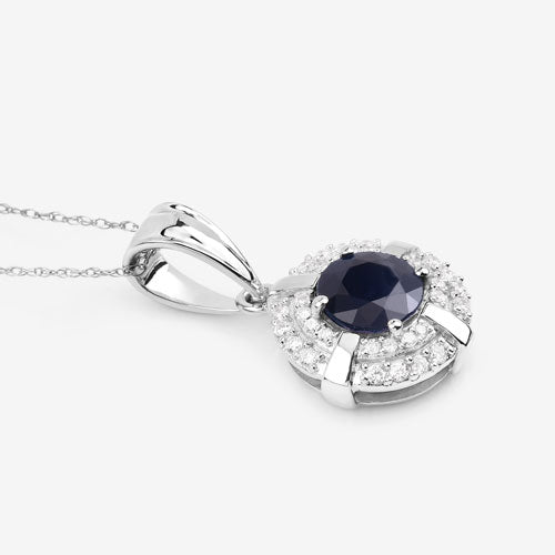 1.71 Carat Genuine Blue Sapphire and White Diamond 10K White Gold Pendant  DestGlow