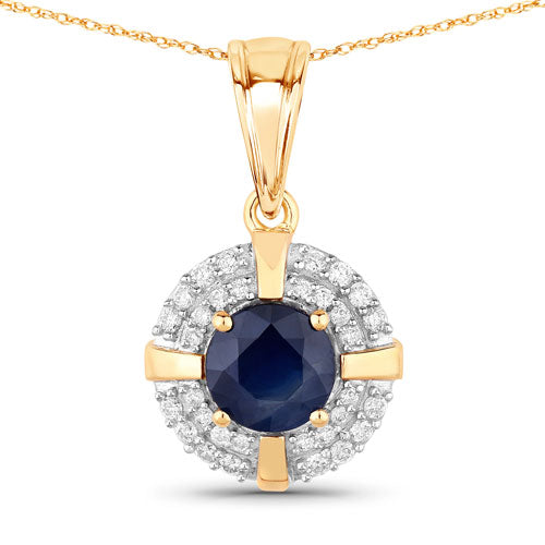1.71 Carat Genuine Blue Sapphire and White Diamond 10K Yellow Gold Pendant  DestGlow