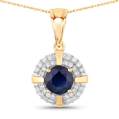 1.71 Carat Genuine Blue Sapphire and White Diamond 10K Yellow Gold Pendant  DestGlow