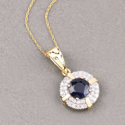 1.71 Carat Genuine Blue Sapphire and White Diamond 10K Yellow Gold Pendant  DestGlow