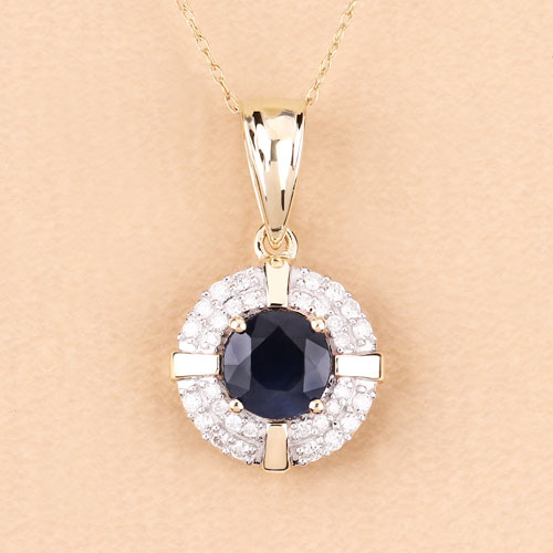 1.71 Carat Genuine Blue Sapphire and White Diamond 10K Yellow Gold Pendant  DestGlow