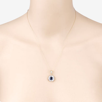1.71 Carat Genuine Blue Sapphire and White Diamond 10K Yellow Gold Pendant  DestGlow