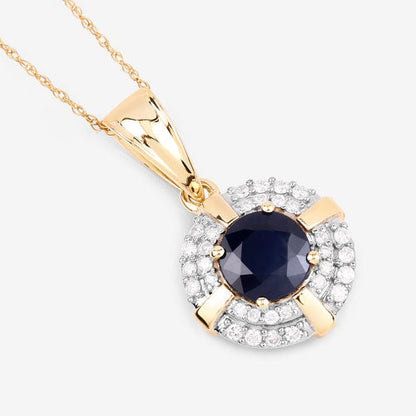 1.71 Carat Genuine Blue Sapphire and White Diamond 10K Yellow Gold Pendant  DestGlow