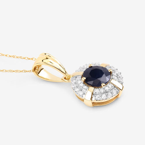 1.71 Carat Genuine Blue Sapphire and White Diamond 10K Yellow Gold Pendant  DestGlow