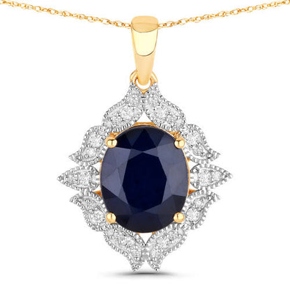 6.44 Carat Genuine Blue Sapphire and White Diamond 14K Yellow Gold Pendant by Bids.com