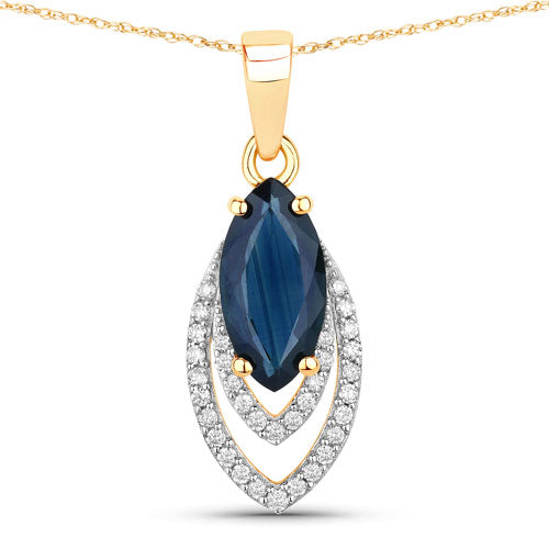 1.42 Carat Genuine Blue Sapphire and White Diamond 14K Yellow Gold Pendant by Bids.com