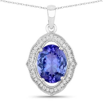3.02 Carat Genuine Tanzanite and White Diamond 14K White Gold Pendant  DestGlow