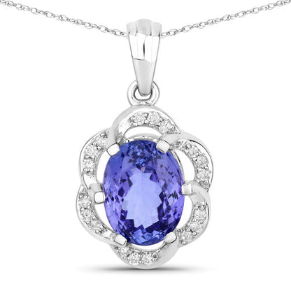 3.11 Carat Genuine Tanzanite and White Diamond 14K White Gold Pendant  DestGlow