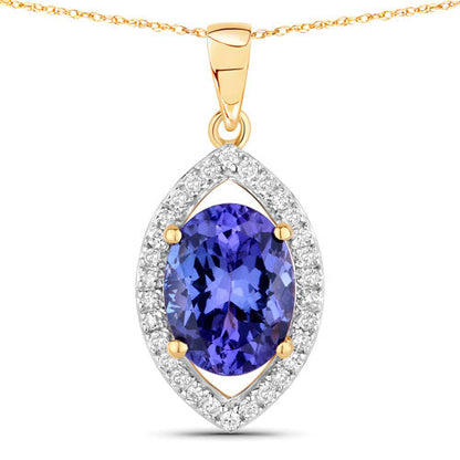 2.38 Carat Genuine Tanzanite and White Diamond 14K Yellow Gold Pendant  DestGlow