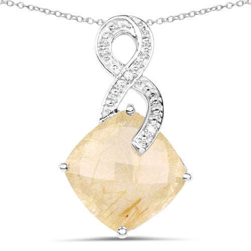 8.81 Carat Genuine Golden Rutile and White Diamond .925 Sterling Silver Pendant  DestGlow