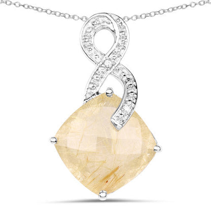8.81 Carat Genuine Golden Rutile and White Diamond .925 Sterling Silver Pendant  DestGlow