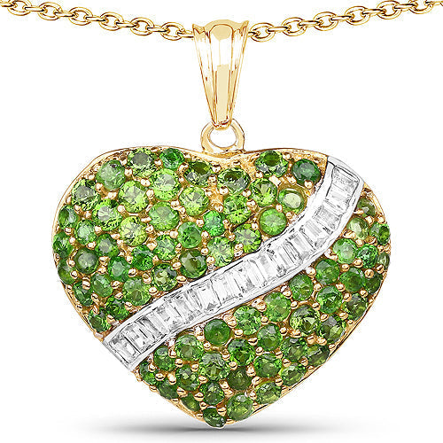 14K Yellow Gold Plated 4.51 Carat Genuine Chrome Diopside and White Topaz .925 Sterling Silver Pendant  DestGlow