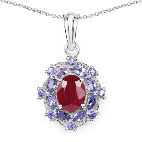 3.22 Carat Genuine Glass Filled Ruby &amp; Tanzanite .925 Sterling Silver Pendant  DestGlow