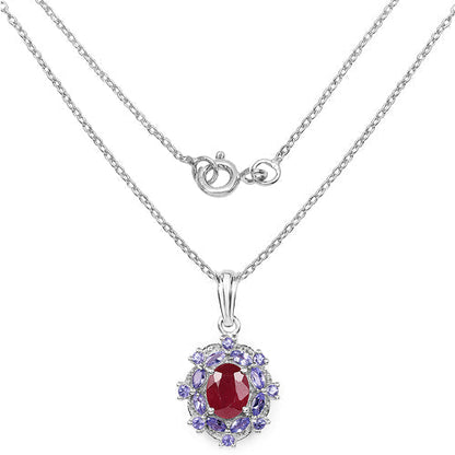 3.22 Carat Genuine Glass Filled Ruby &amp; Tanzanite .925 Sterling Silver Pendant  DestGlow