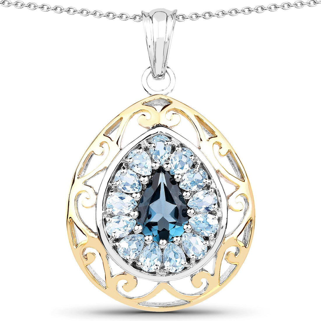 18K Yellow Gold Plate 4.44 Carat Genuine London Blue Topaz &amp; Blue Topaz .925 Sterling Silver Pendant 