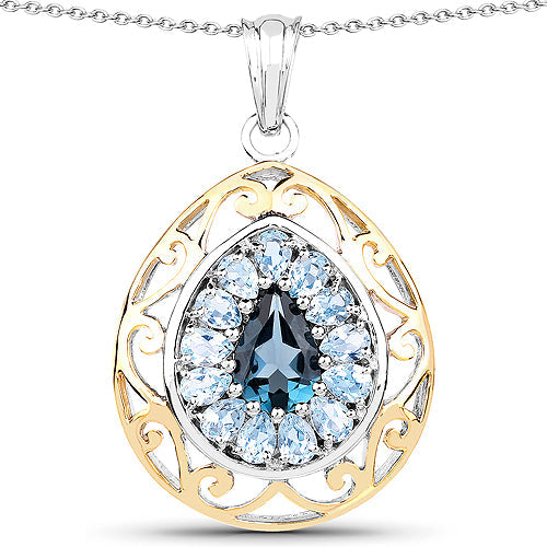 18K Yellow Gold Plated 4.44 Carat Genuine London Blue Topaz and Blue Topaz .925 Sterling Silver Pendant by Bids.com