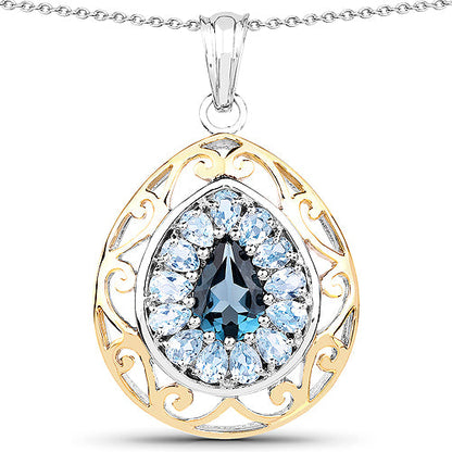 18K Yellow Gold Plated 4.44 Carat Genuine London Blue Topaz and Blue Topaz .925 Sterling Silver Pendant by Bids.com