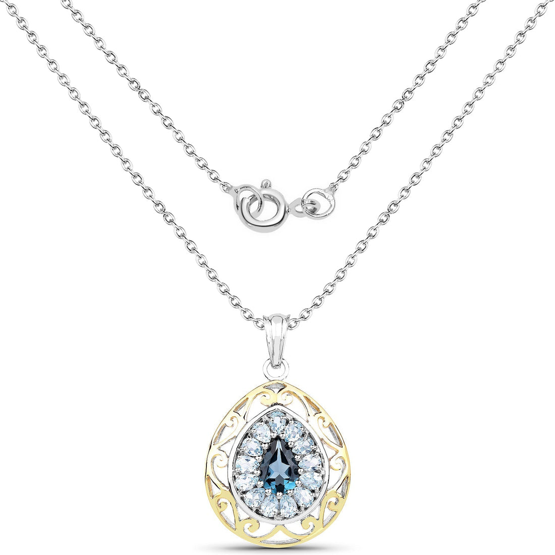18K Yellow Gold Plate 4.44 Carat Genuine London Blue Topaz &amp; Blue Topaz .925 Sterling Silver Pendant 