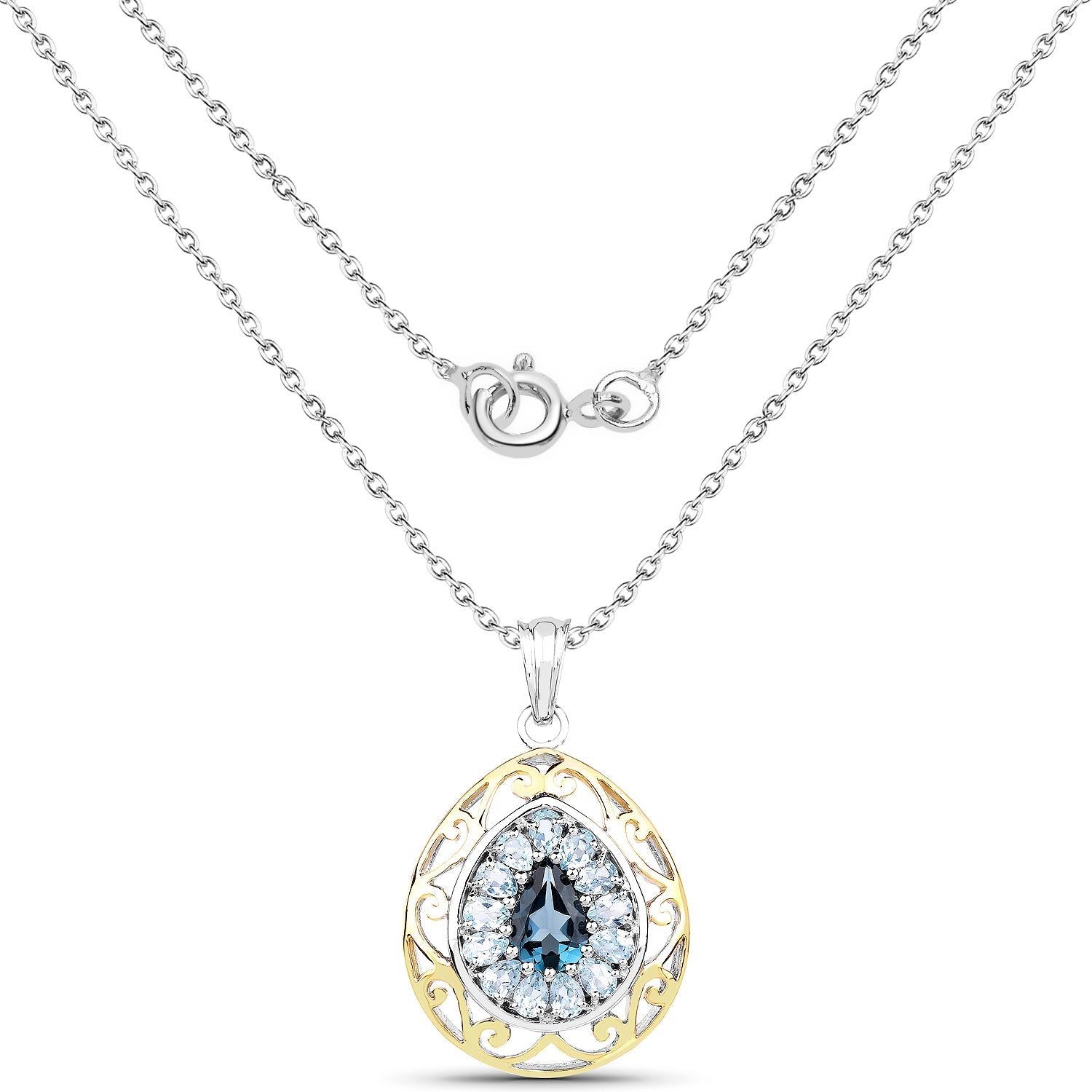 18K Yellow Gold Plate 4.44 Carat Genuine London Blue Topaz &amp; Blue Topaz .925 Sterling Silver Pendant