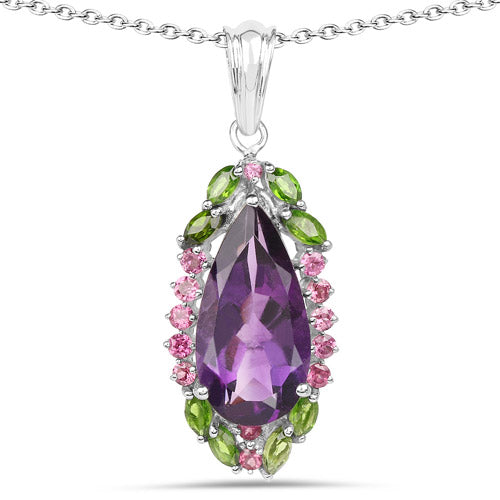 6.22 Carat Genuine Amethyst, Chrome Diopside and Rhodolite .925 Sterling Silver Pendant  DestGlow