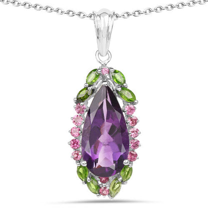6.22 Carat Genuine Amethyst, Chrome Diopside and Rhodolite .925 Sterling Silver Pendant  DestGlow