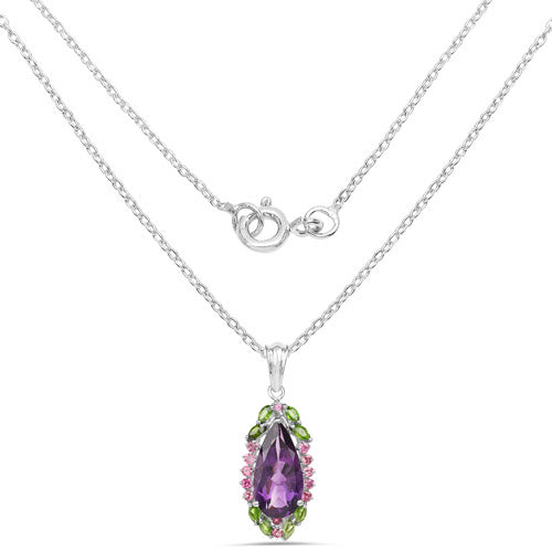 6.22 Carat Genuine Amethyst, Chrome Diopside and Rhodolite .925 Sterling Silver Pendant  DestGlow