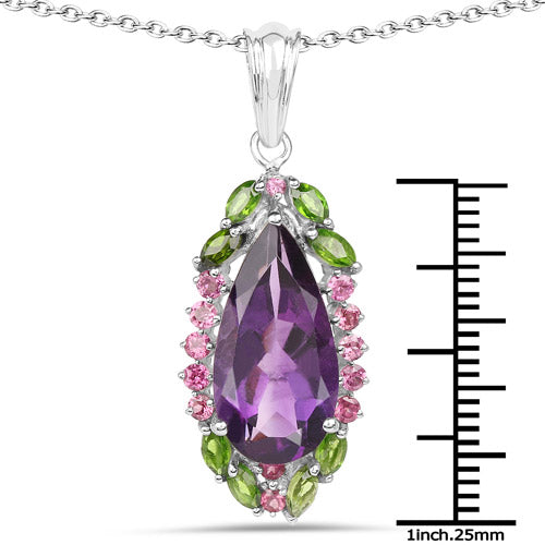 6.22 Carat Genuine Amethyst, Chrome Diopside and Rhodolite .925 Sterling Silver Pendant  DestGlow