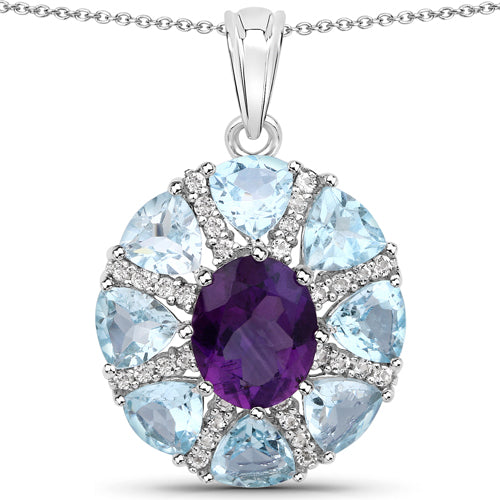 9.50 Carat Genuine Amethyst, Blue Topaz and White Topaz .925 Sterling Silver Pendant  DestGlow
