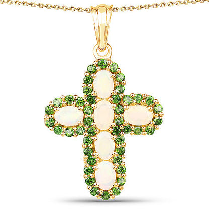 14K Yellow Gold Plated 3.11 Carat Genuine Ethiopian Opal and Chrome Diopside .925 Sterling Silver Pendant by Bids.com