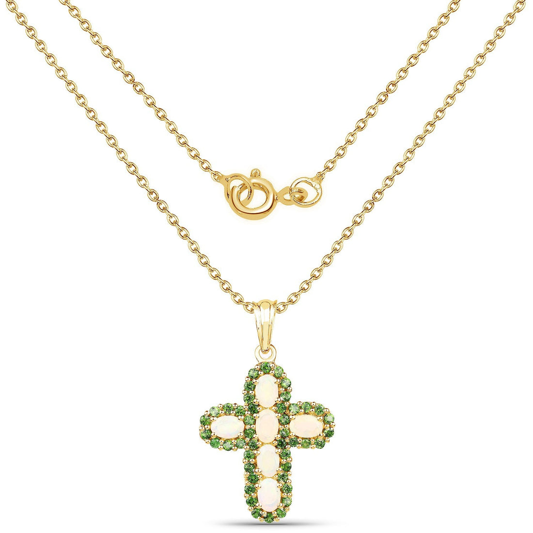 14K Yellow Gold Plate 3.11 Carat Genuine Ethiopian Opal &amp; Chrome Diopside .925 Silver Pendant 