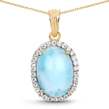 14K Yellow Gold Plated 13.55 Carat Genuine Larimar and White Topaz .925 Sterling Silver Pendant 