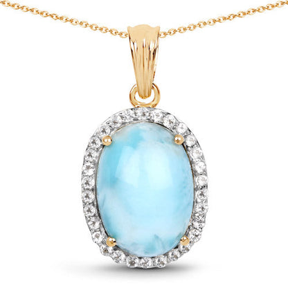 14K Yellow Gold Plated 13.55 Carat Genuine Larimar and White Topaz .925 Sterling Silver Pendant by Bids.com
